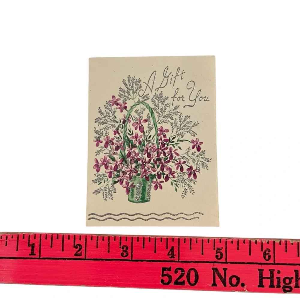 Vintage Unused Greeting Card A Gift For You Green Purple Flowering Plant